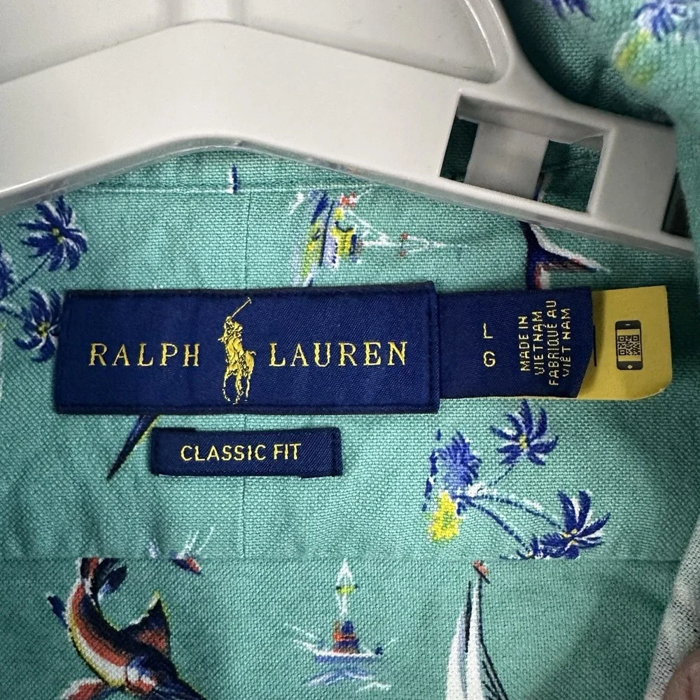 Ralph Lauren Men's Large Classic Fit Hawaiian Button Up Sailboats Fish Islands - Picture 3 of 6